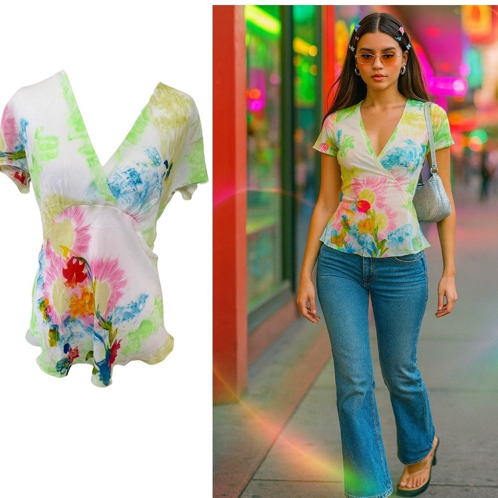 Y2K COLORFUL VINTAGE RETRO‎ FLOWY GRAPHIC BLOUSE LARGE EUC